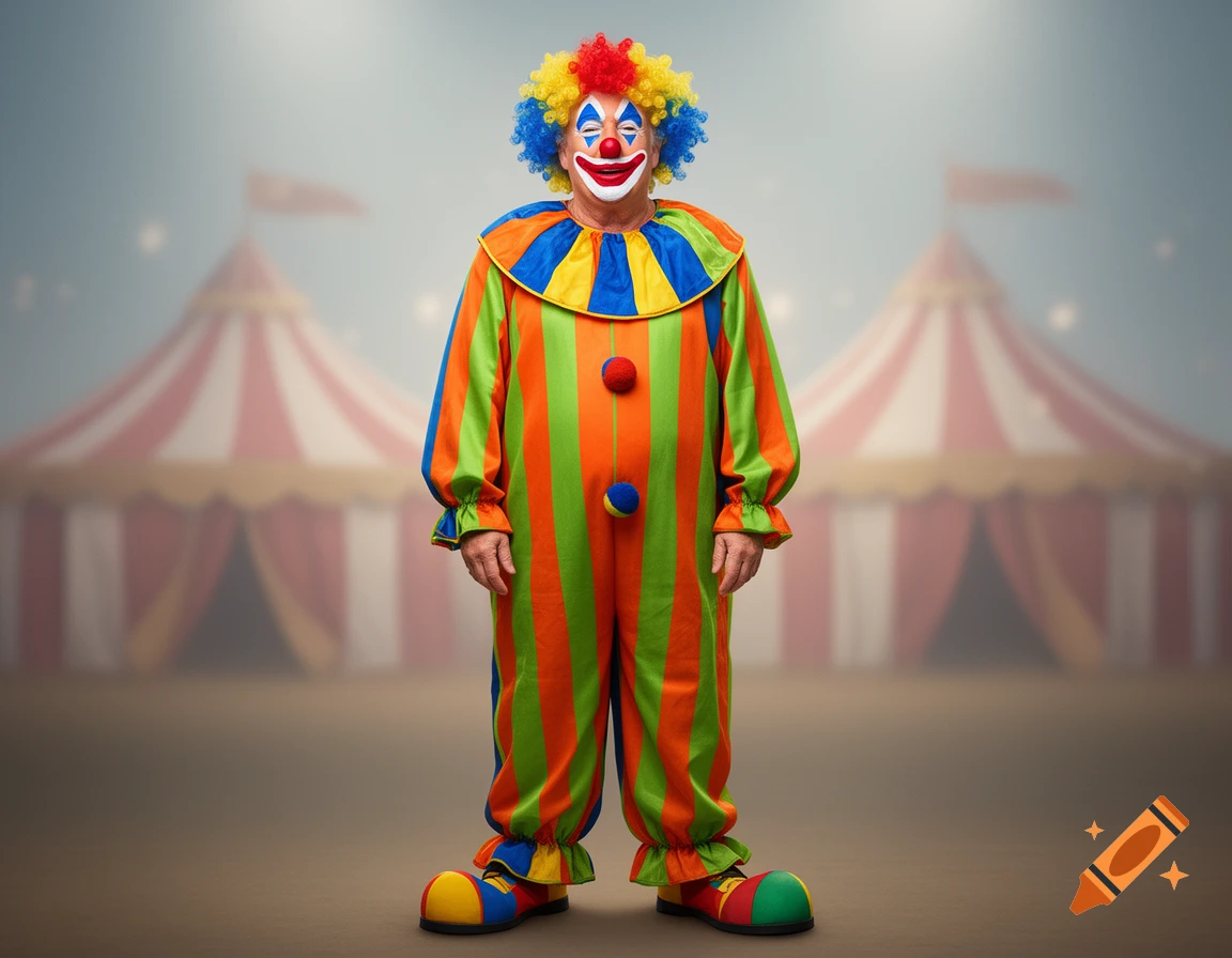 A person in a colorful clown costume and rainbow wig stands in front of blurred circus tents.