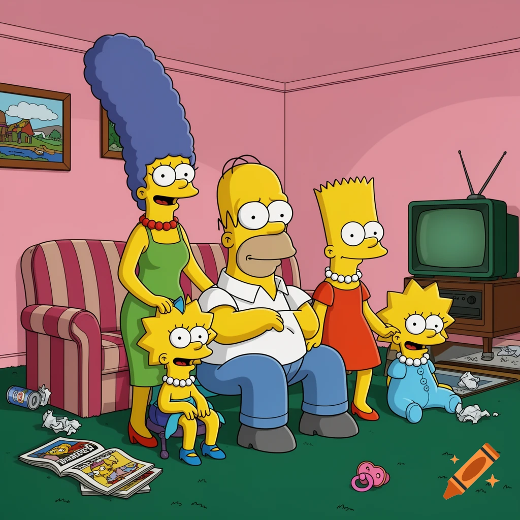 The Simpson family, Marge, Homer, Bart, Lisa, and Maggie, in their iconic pink living room.