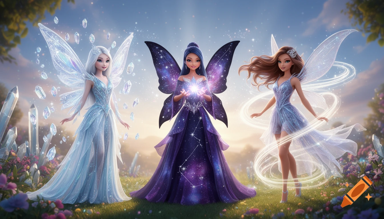 Three sparkling fantasy fairies: one crystal-themed in blue, one galaxy-themed in purple, and one wind-themed in light blue, set in a magical crystal and flower landscape.