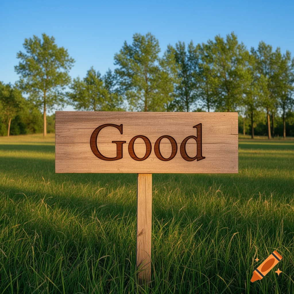 A wooden sign with the word "Good" engraved on it stands in a lush green field under a clear blue sky, with trees in the background.