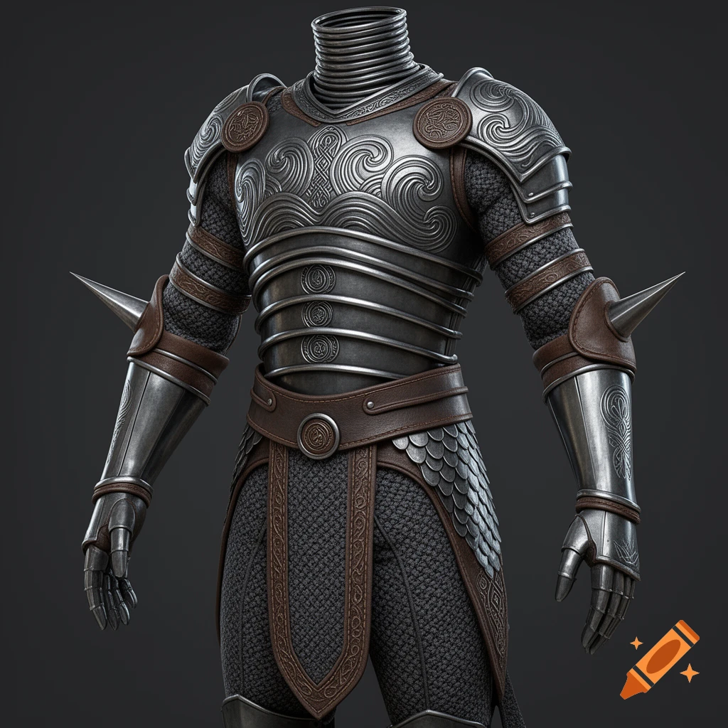 A detailed suit of dark Backbite Steel heavy armor with intricate swirling engravings, spiky elbow accents, and brown leather strapping.