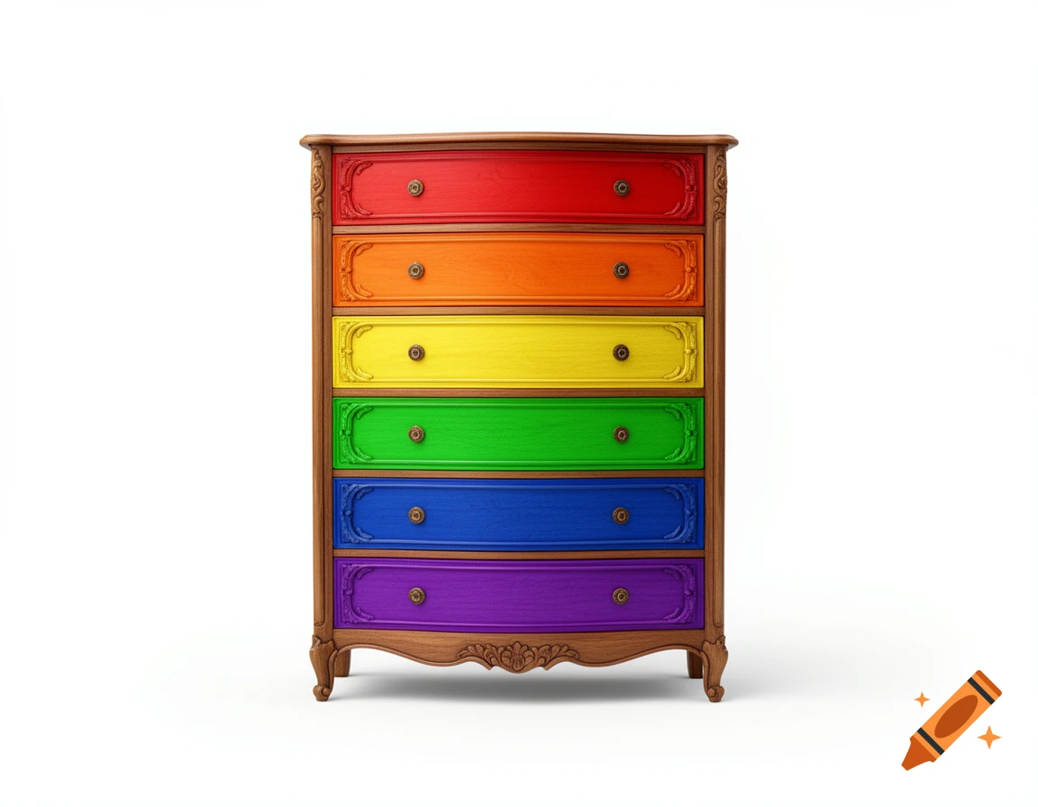 Photorealistic wooden dresser with six rainbow-colored drawers (red, orange, yellow, green, blue, purple) on a white background.