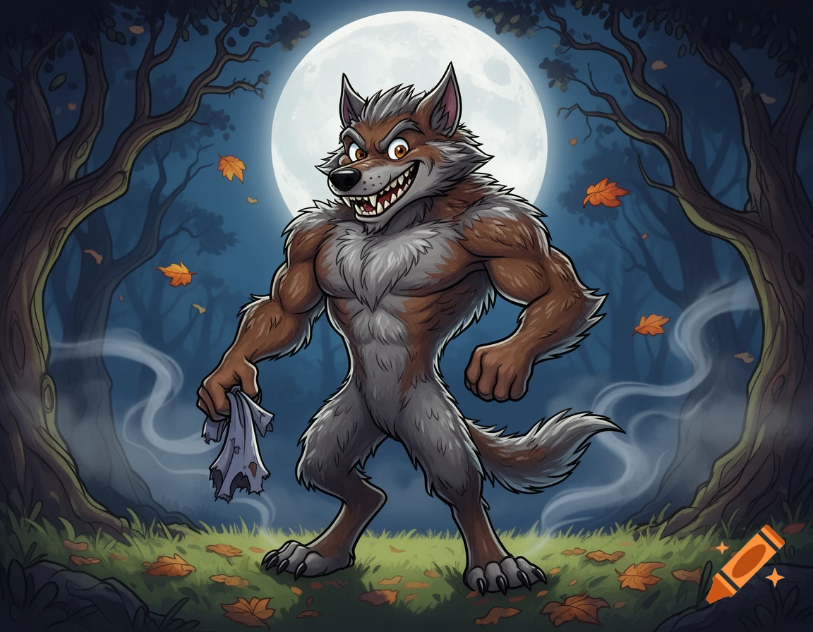 Cartoon werewolf with brown fur and sharp teeth stands in a dark forest under a full moon, holding a ripped shirt.