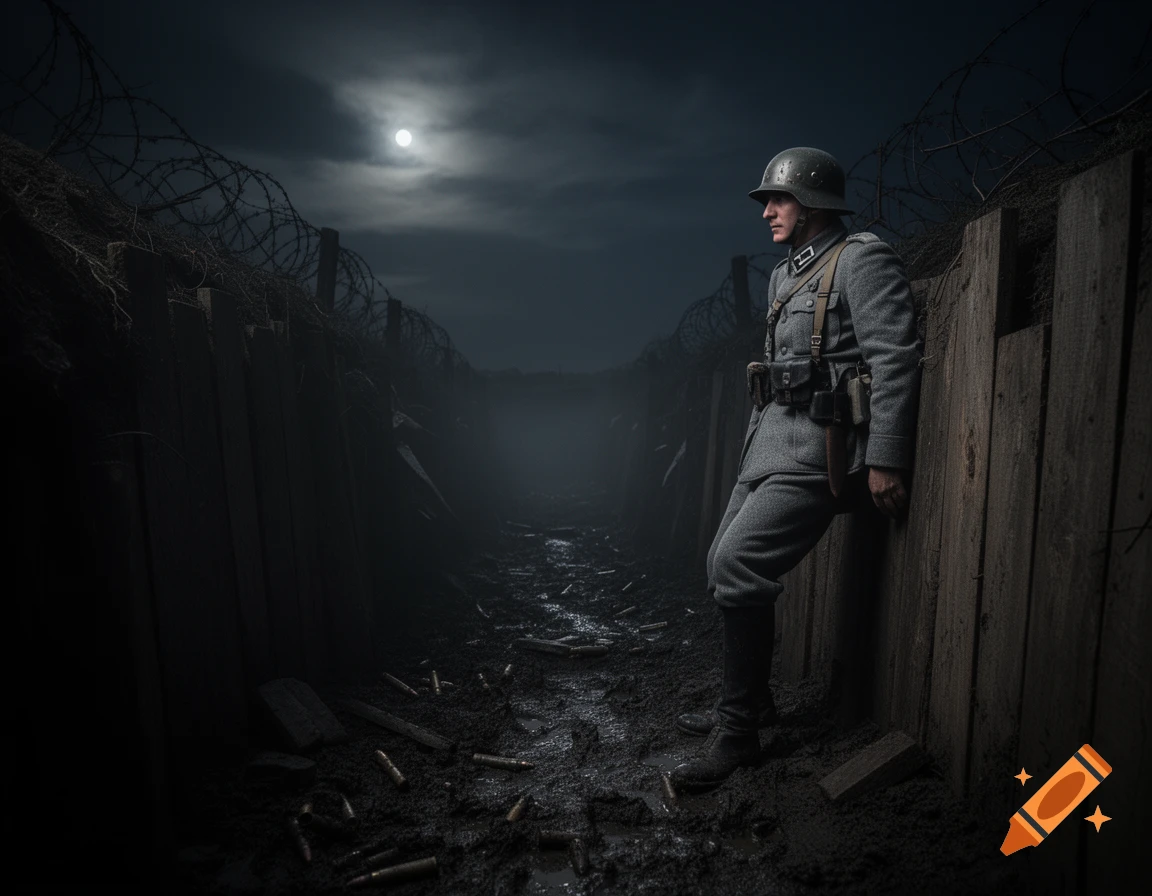 A WWI German soldier stands in a muddy trench at night under a full moon, with barbed wire fences visible.