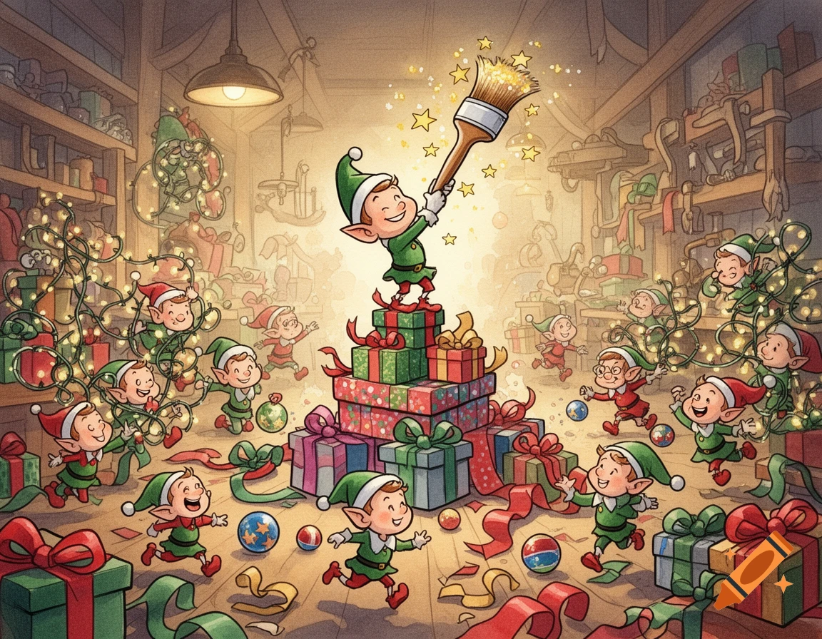 Christmas elves creating chaos in Santa's workshop, playing with lights and presents, in a watercolor comic illustration style.