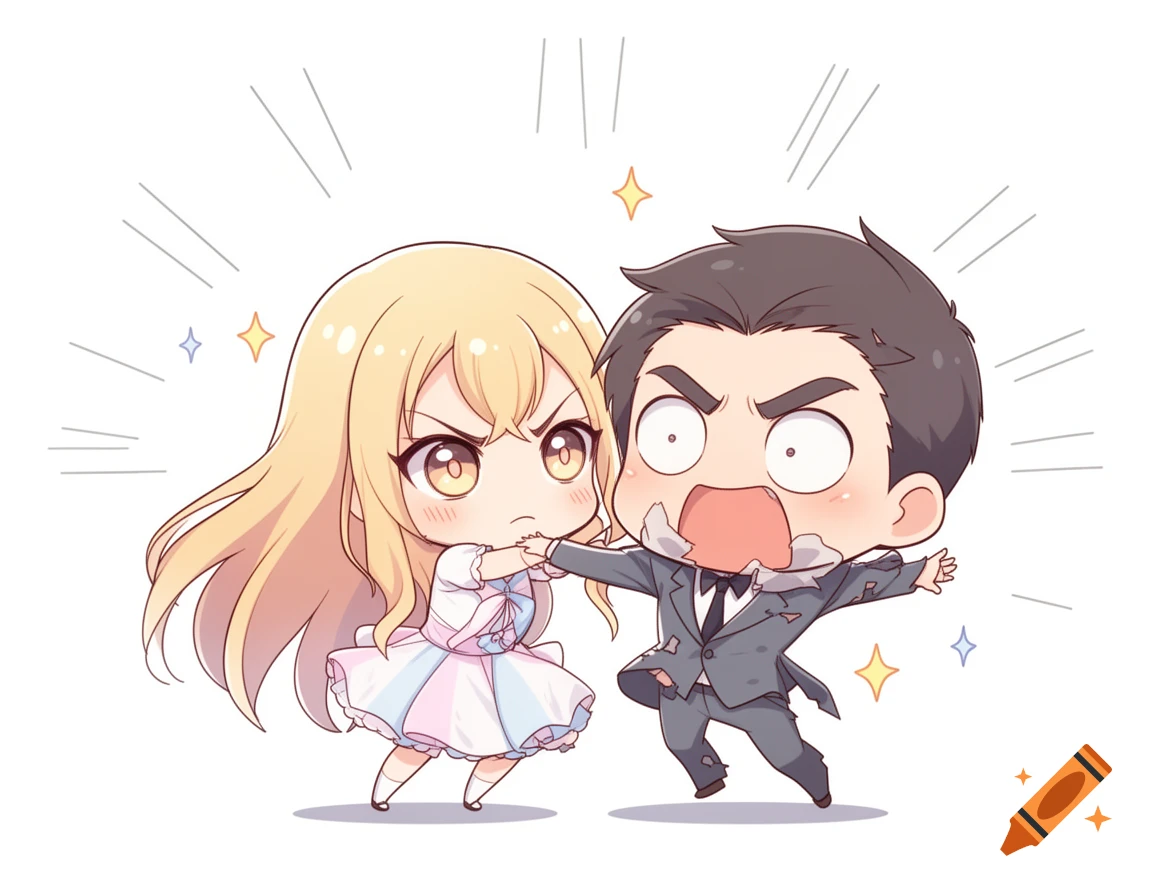 Chibi anime drawing of an angry blonde girl grabbing a shocked man by his collar.