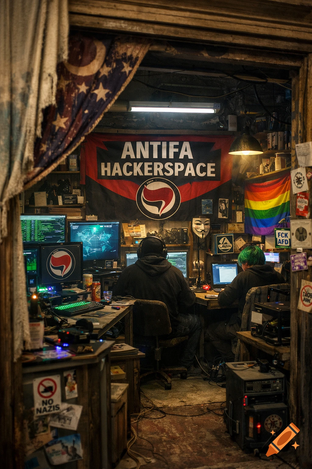 A dimly lit Antifa hackerspace with two people at computers, banners, a rainbow flag, and anti-fascist posters.