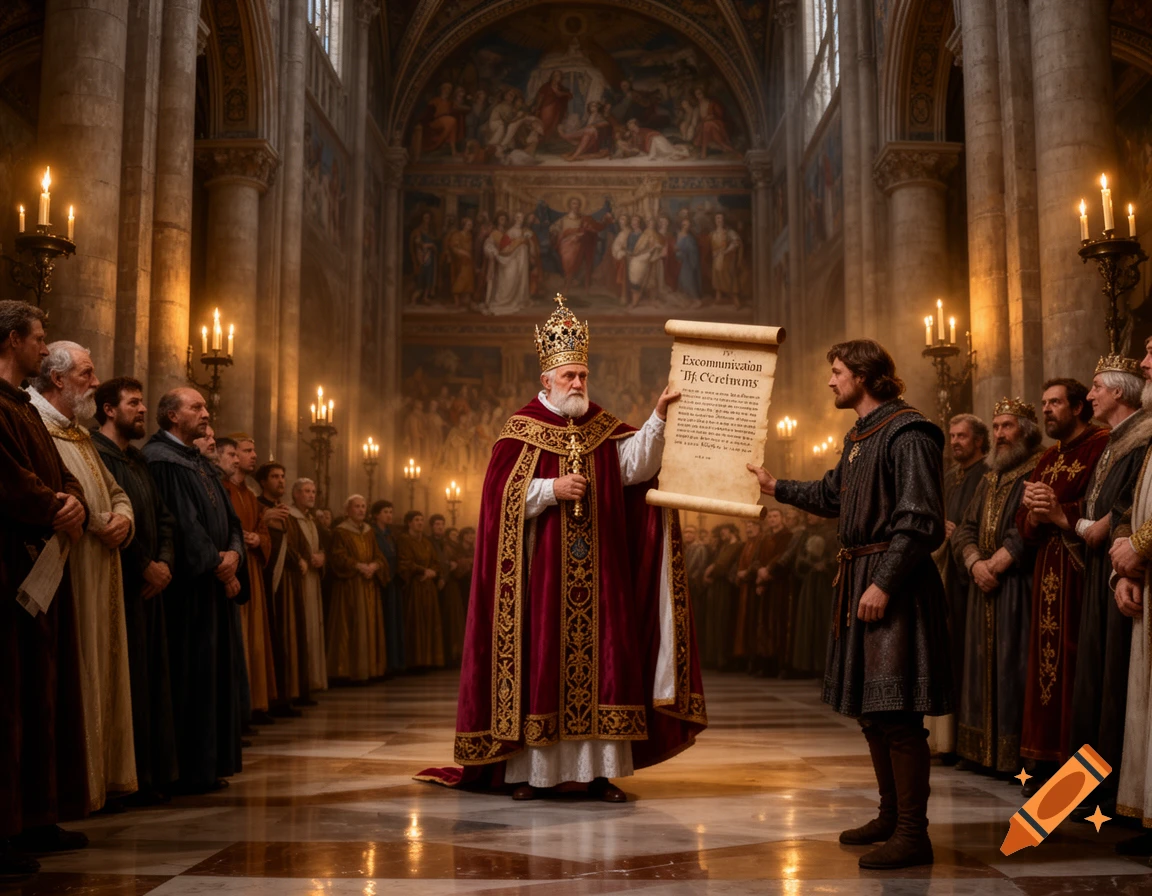 A majestic scene in a grand cathedral where a Pope in ornate robes holds a scroll of excommunication toward a king.