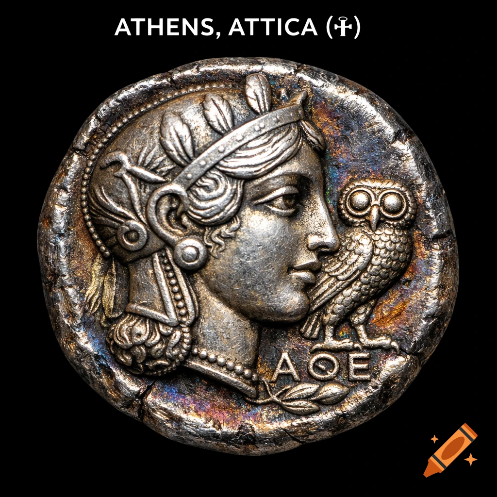 Close-up photorealistic museum-quality studio photograph of an ancient Greek silver coin with an aged metallic sheen. It features a profile of a classical figure with a detailed headdress and an owl. Text above reads "ATHENS, ATTICA ( )".