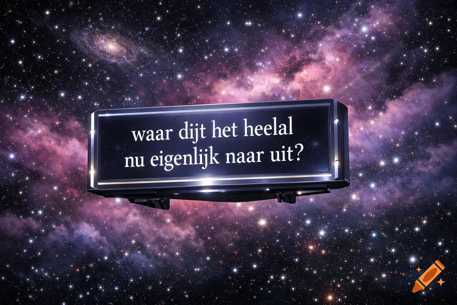 A brightly lit billboard with Dutch text 'waar dijt het heelal nu eigenlijk naar uit?' floats in deep space among stars and nebulae.
