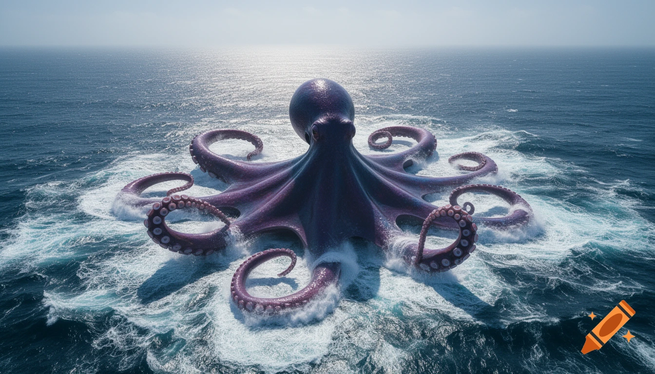 A majestic giant purple octopus with many tentacles emerges from the churning ocean waves under a bright sky, seen from a drone view.