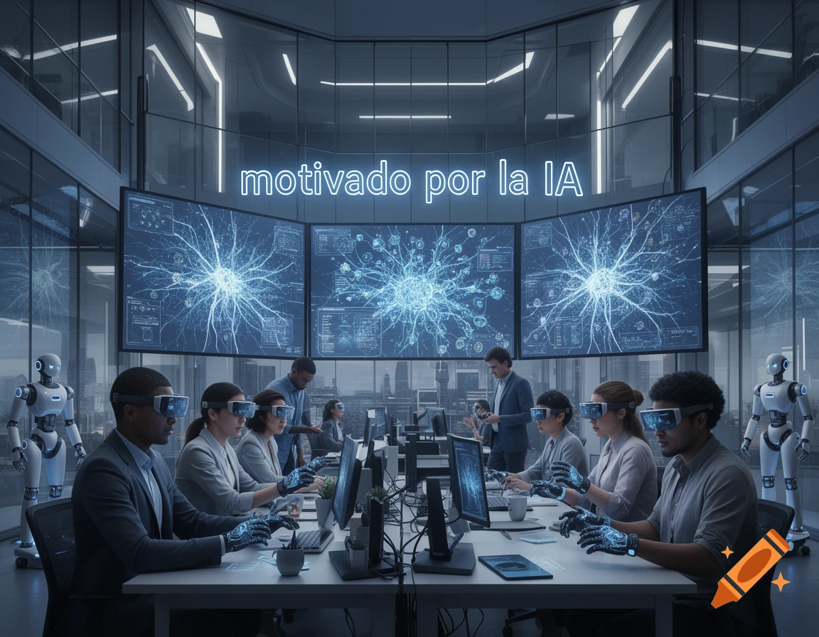 People in a futuristic office with VR headsets and glowing gloves work at computers, flanked by robots, beneath glowing text 'motivado por la IA'.