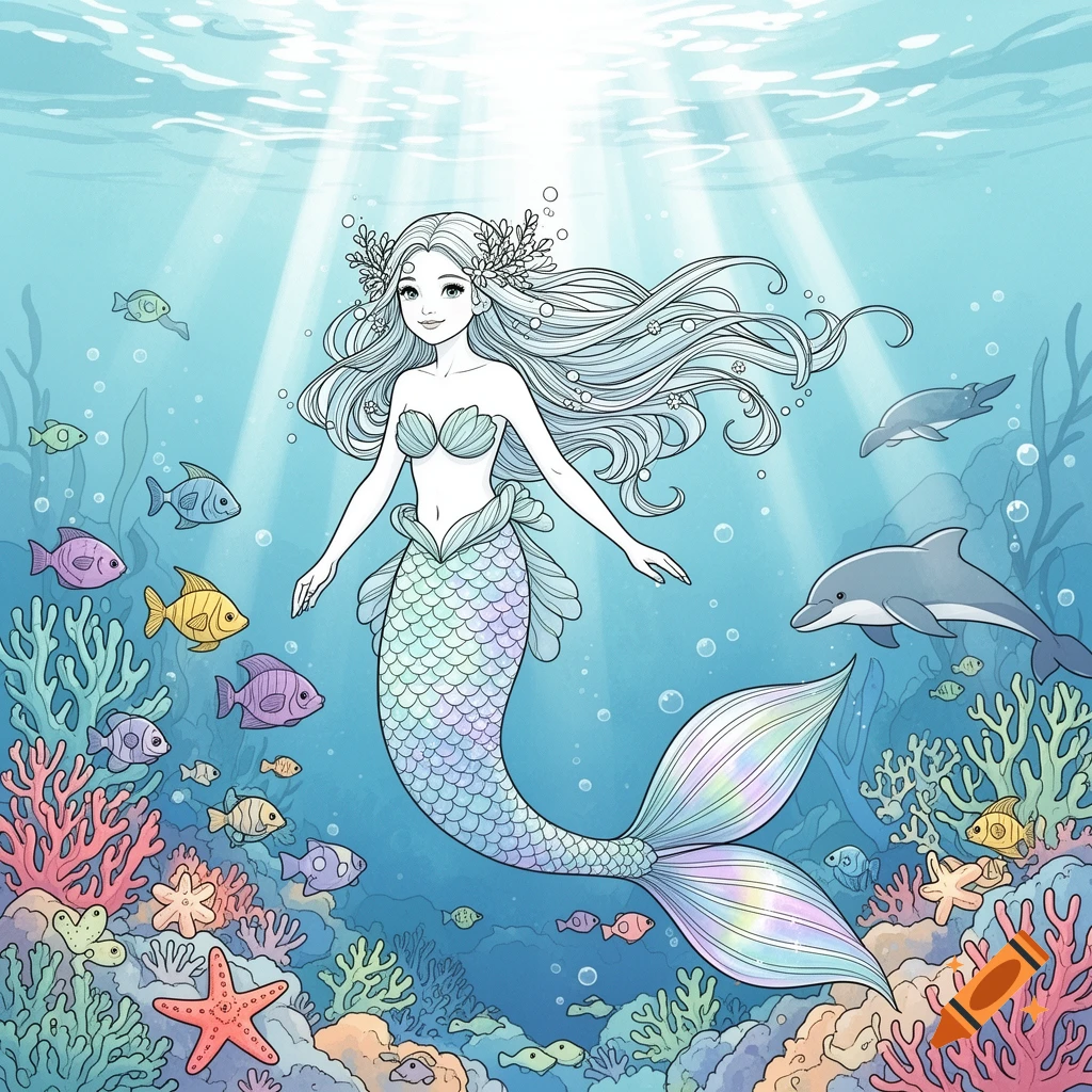 Coloring page illustration of a smiling mermaid with long hair, swimming underwater with fish and dolphins amidst colorful coral.