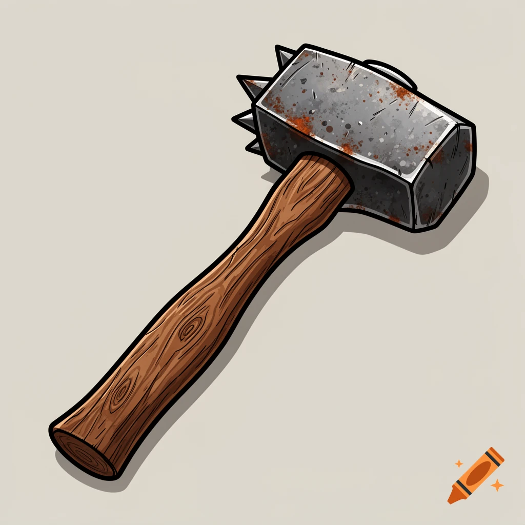 A cartoon vector illustration of a rugged, grey spike maul hammer with a brown wooden handle and rusted metal head, against a light background.