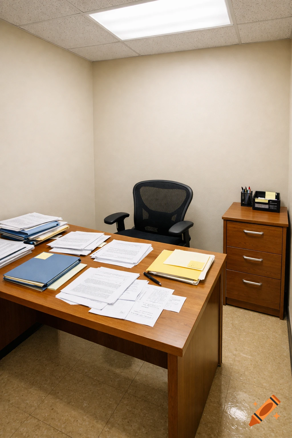 A photorealistic image of an empty small office room with a wooden desk covered in papers and folders, an ergonomic chair, and a filing cabinet.