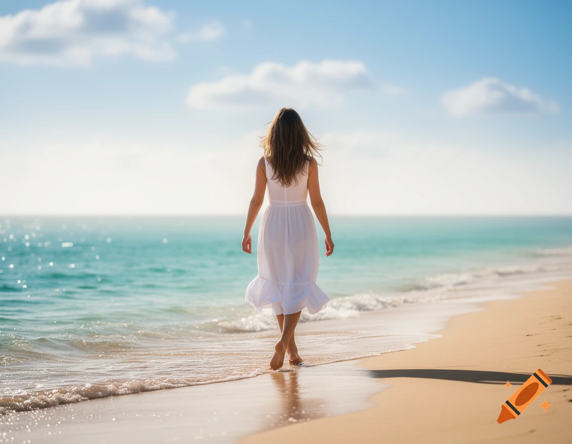 A woman in a white dress walks barefoot on a sandy beach by the blue ...