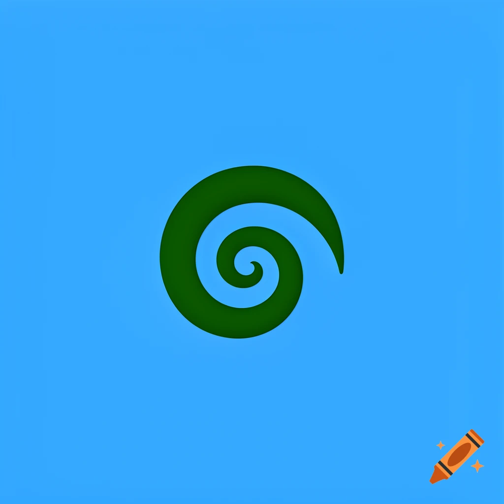 A stylized dark green koru, a spiral shape, centered on a plain light blue background.