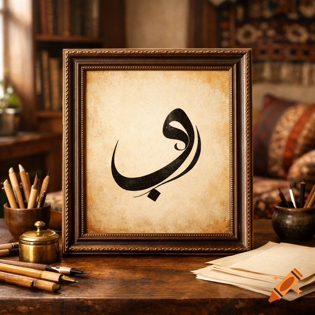 A framed Arabic calligraphy of the letter 'waw' (و) on aged parchment, displayed on a wooden desk with art supplies.