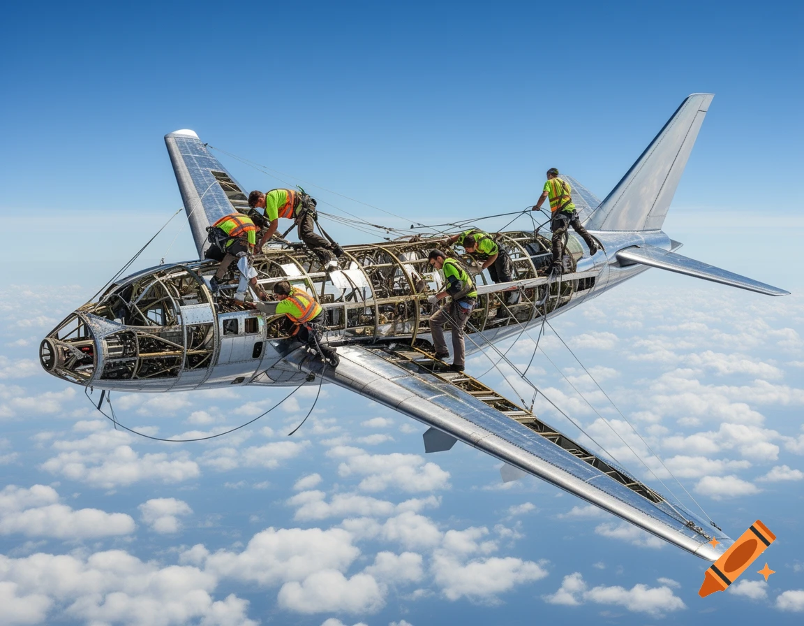 A team of workers in safety harnesses and vests assemble the fuselage and wings of an airplane mid-flight, above white clouds in a blue sky.