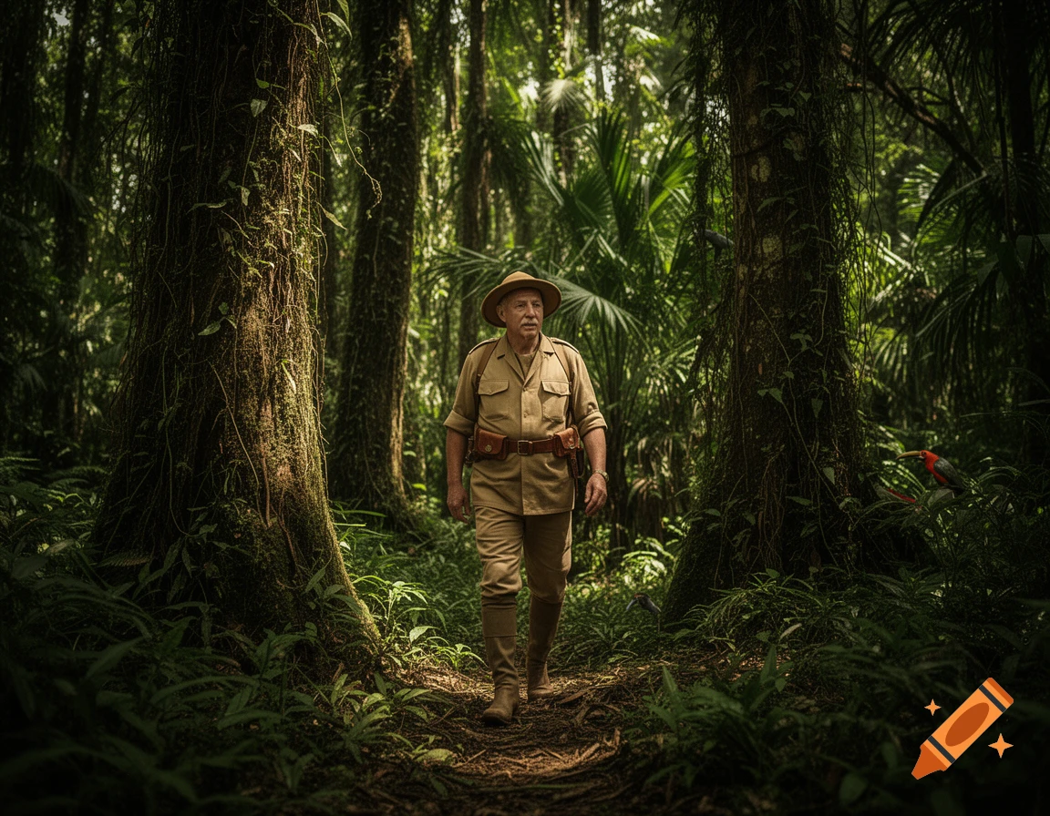 An older man in a pith helmet and khaki explorer outfit walks along a dirt path through a dense, sun-dappled tropical jungle.