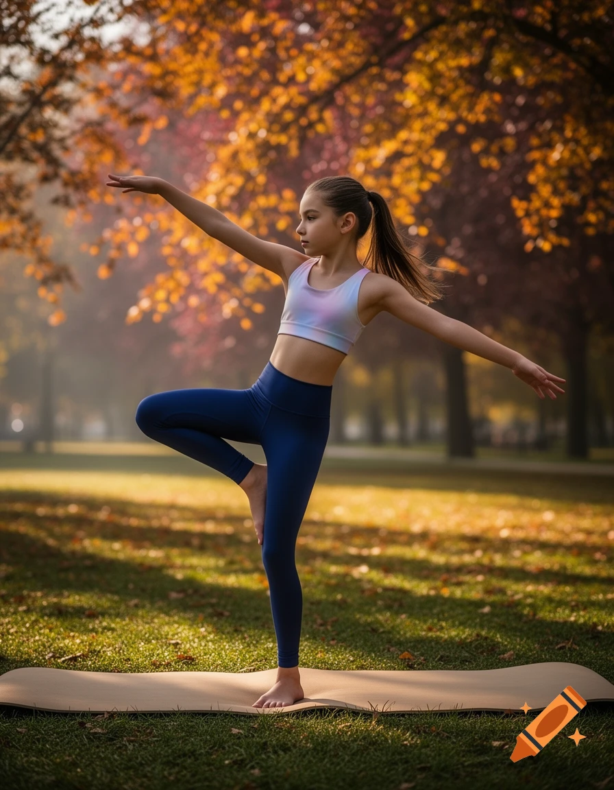A young girl in a sports bra and blue leggings practices a yoga pose on a mat in an autumn park, photorealistic.
