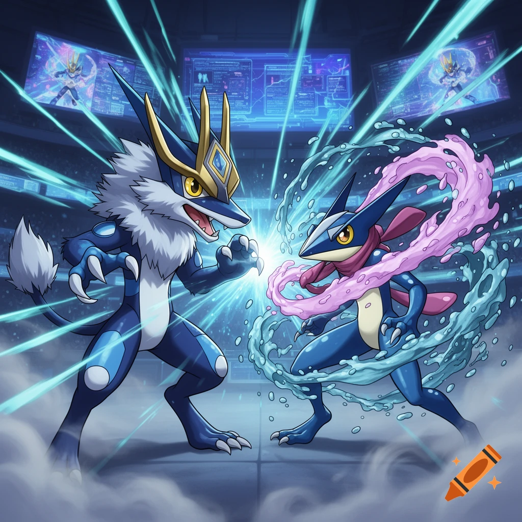 Gabumon and Greninja clash powers in a neon-lit arena, illustrated in an anime style.