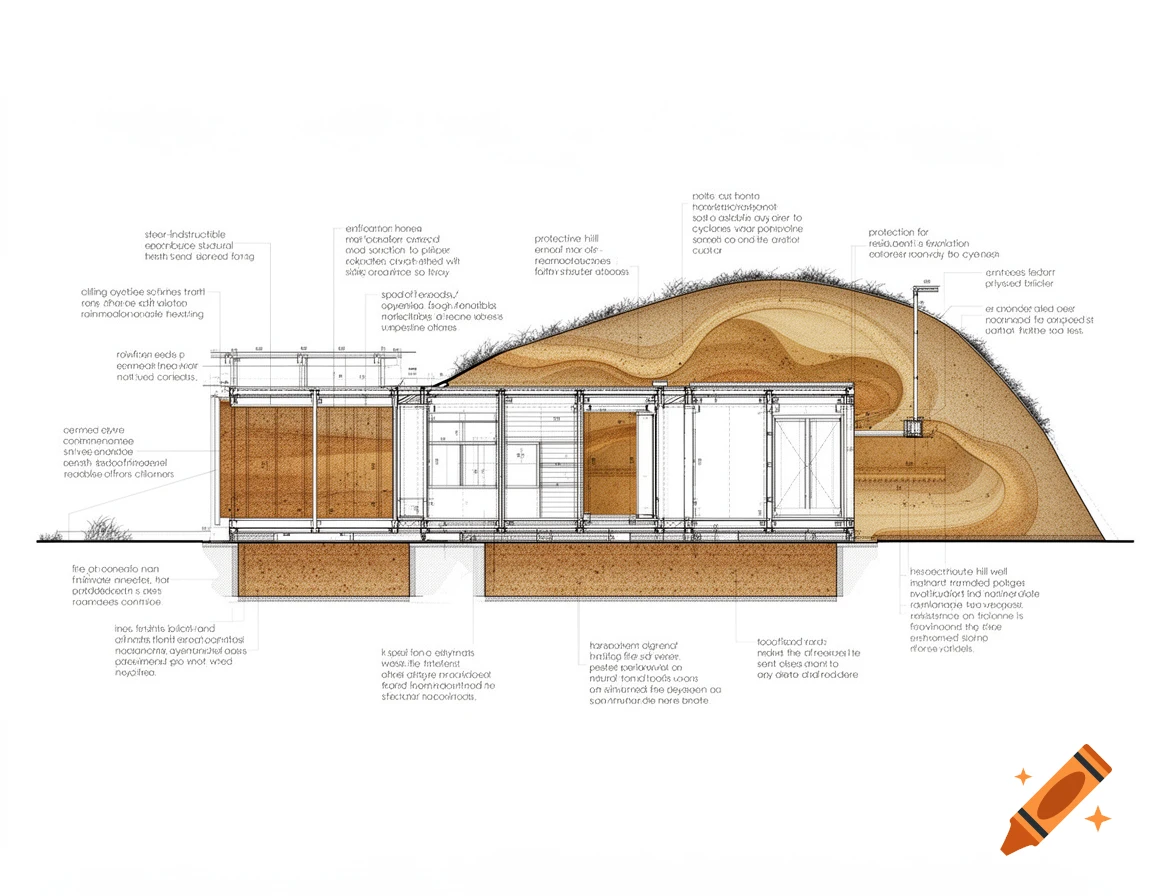 Architectural cross-section blueprint of a container home built into a hill with rammed earth walls.