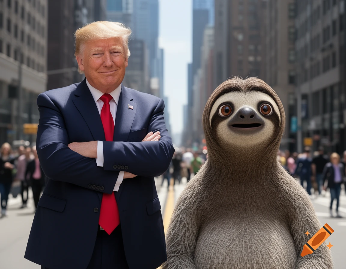 Donald Trump in a suit, arms crossed, stands next to Sid the Sloth from Ice Age on a city street, photorealistic style.