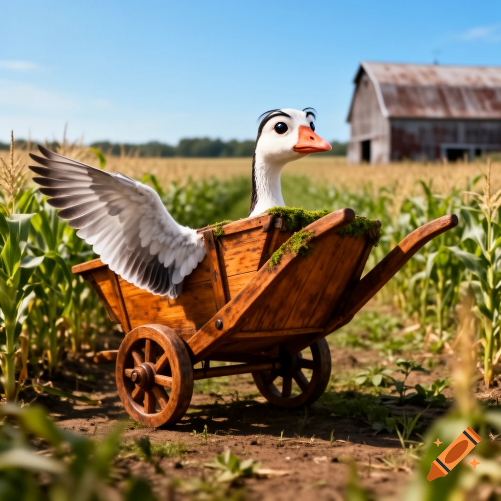A cartoon goose with human-like eyebrows sits in a wooden cart in a sunlit cornfield with a barn in the background.