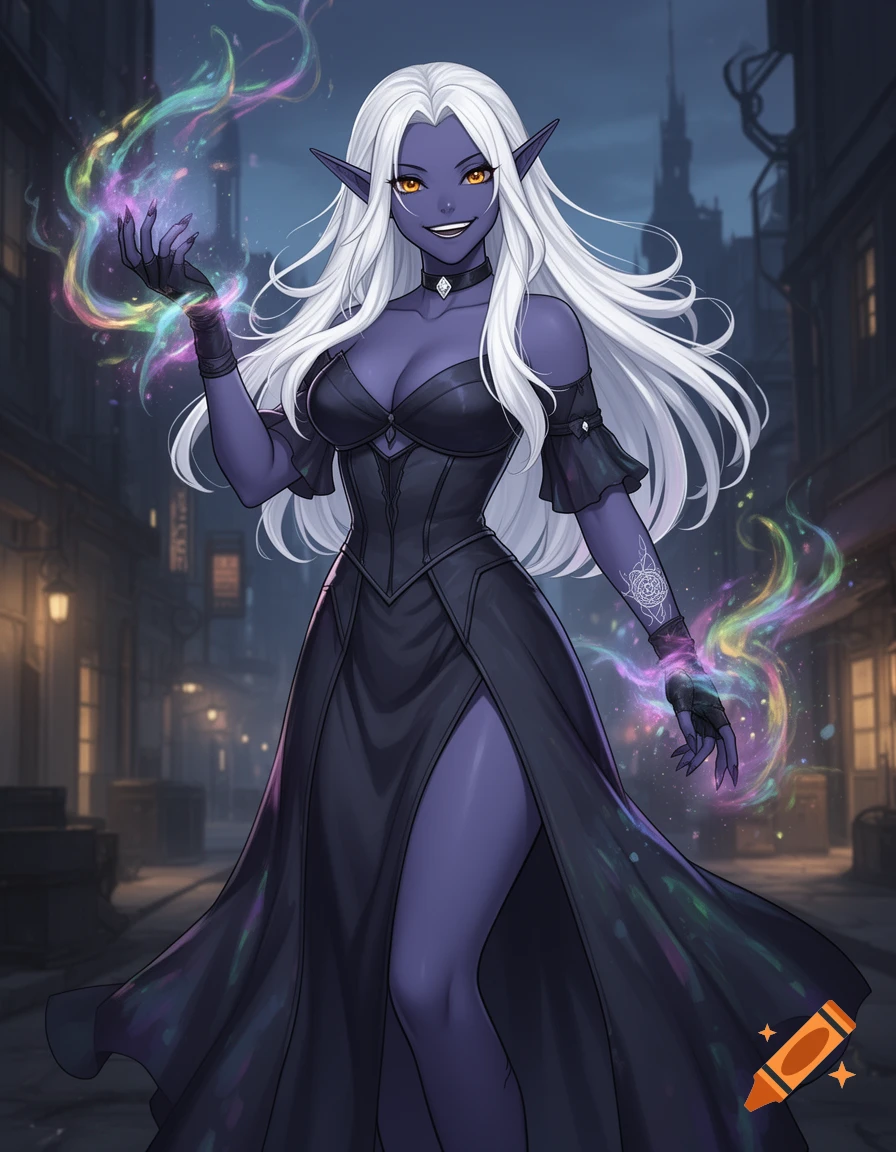 Anime Drow elf with white hair, dark skin, and amber eyes, smirking and casting prismatic magic in a fantasy city.
