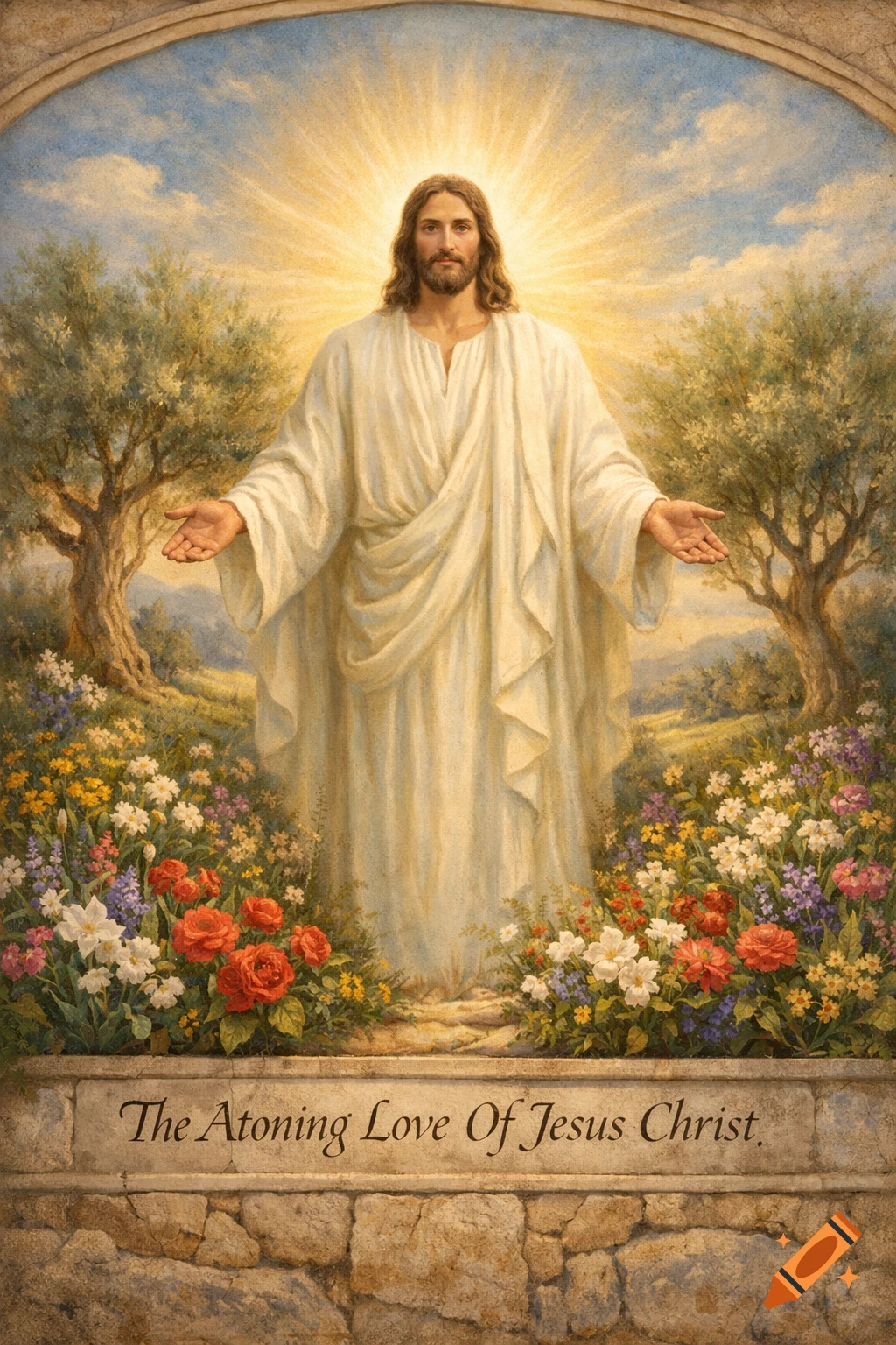 Painting of Jesus Christ with open arms, glowing in radiant light, surrounded by colorful flowers and trees.