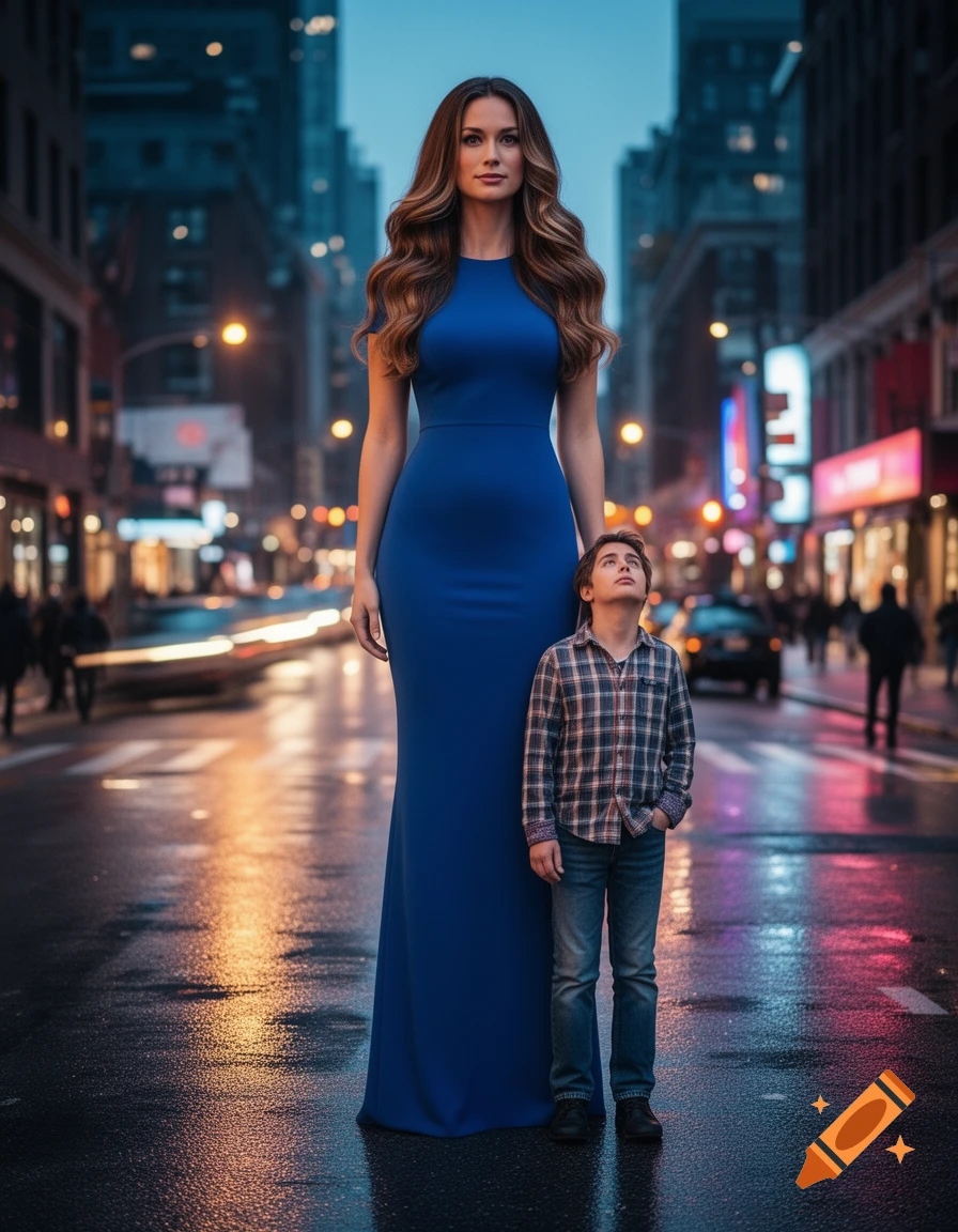 A photorealistic image of an extraordinarily tall woman in a blue dress standing next to a small boy on a wet city street at night.