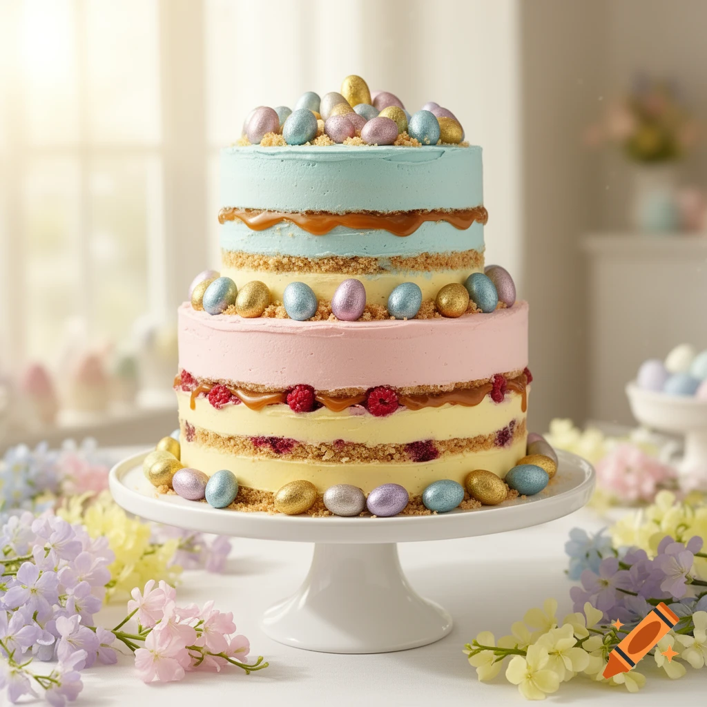 A three-tiered Easter cake with pastel blue, pink, and yellow layers, caramel, raspberries, and colorful chocolate eggs, surrounded by flowers.