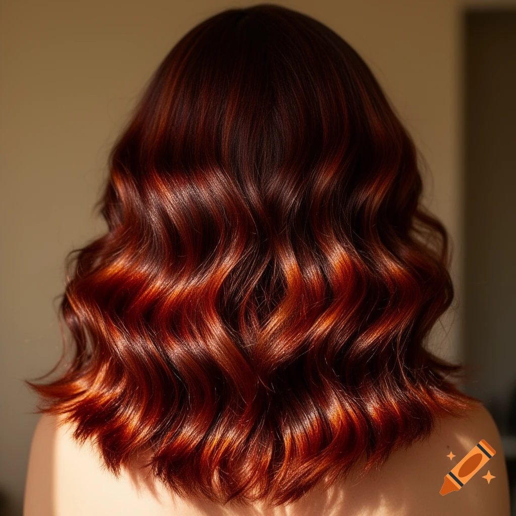 Back view of a person with shiny, wavy reddish-brown hair styled in warm tones, with light on the shoulders.