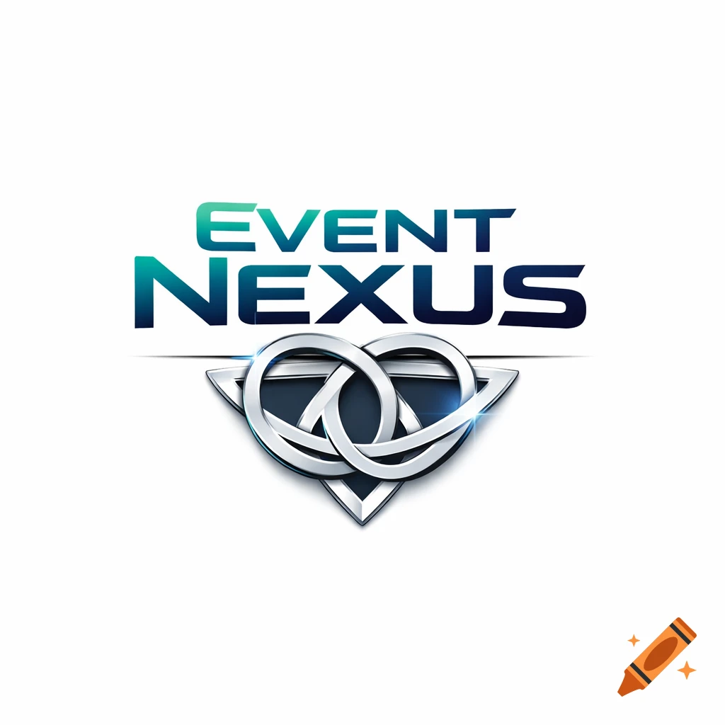 A modern logo featuring 'EVENT' in green-blue gradient and 'NEXUS' below it, over a metallic, intertwined silver symbol within a dark triangular shield.
