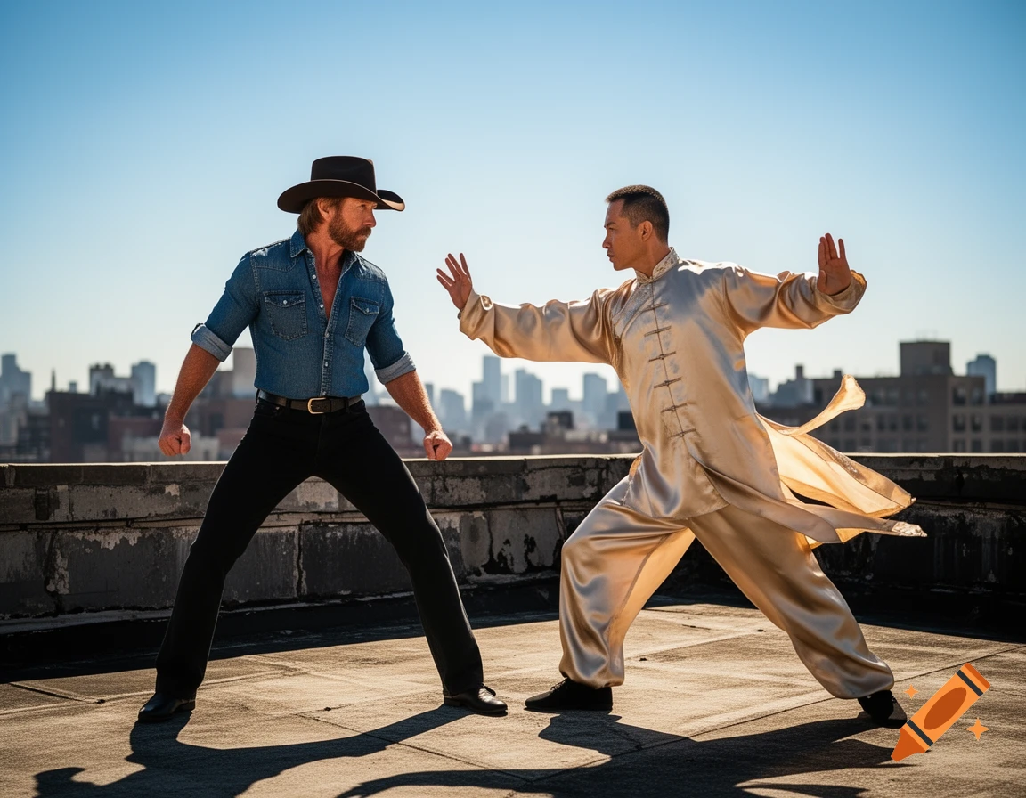A man resembling Chuck Norris in a cowboy hat and denim shirt faces off against a man in a golden silk kung fu uniform on a sunny rooftop with a city skyline.