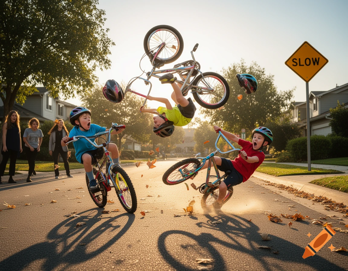 Three young boys crashing their bikes on a sunny suburban street, with a "SLOW" sign in the background.