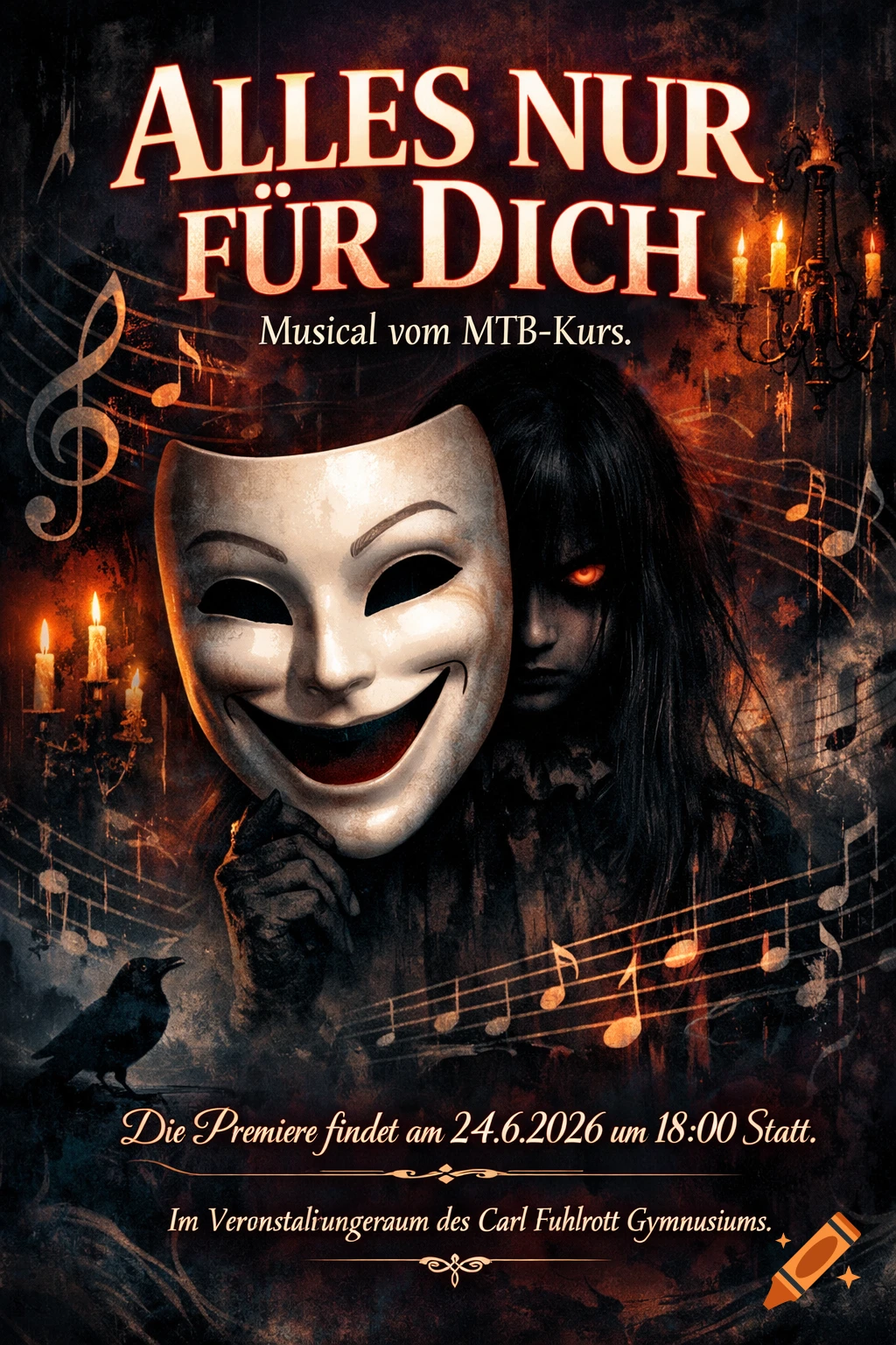 A dark musical poster features a smiling white theater mask with a shadowy, red-eyed girl peeking from behind it, surrounded by music notes and candles.