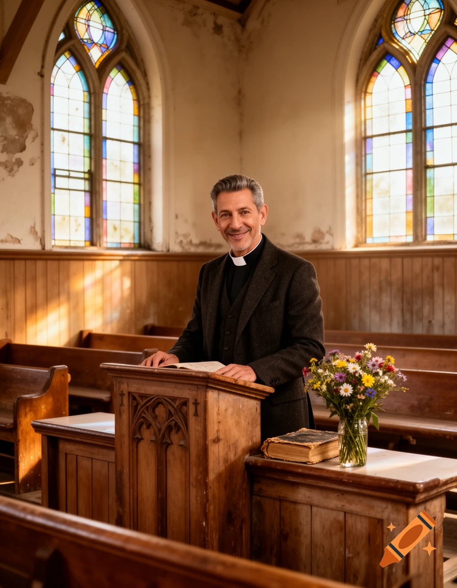 A smiling man, resembling Jeff Goldblum, stands at a wooden pulpit in a rustic church with stained glass windows.