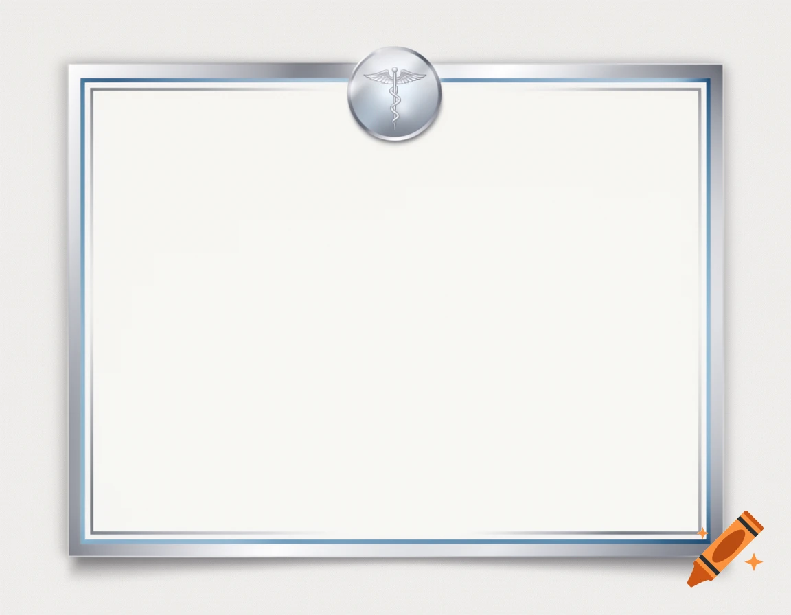 Silver metallic frame with a blue inner border and a silver caduceus medical symbol centered at the top.