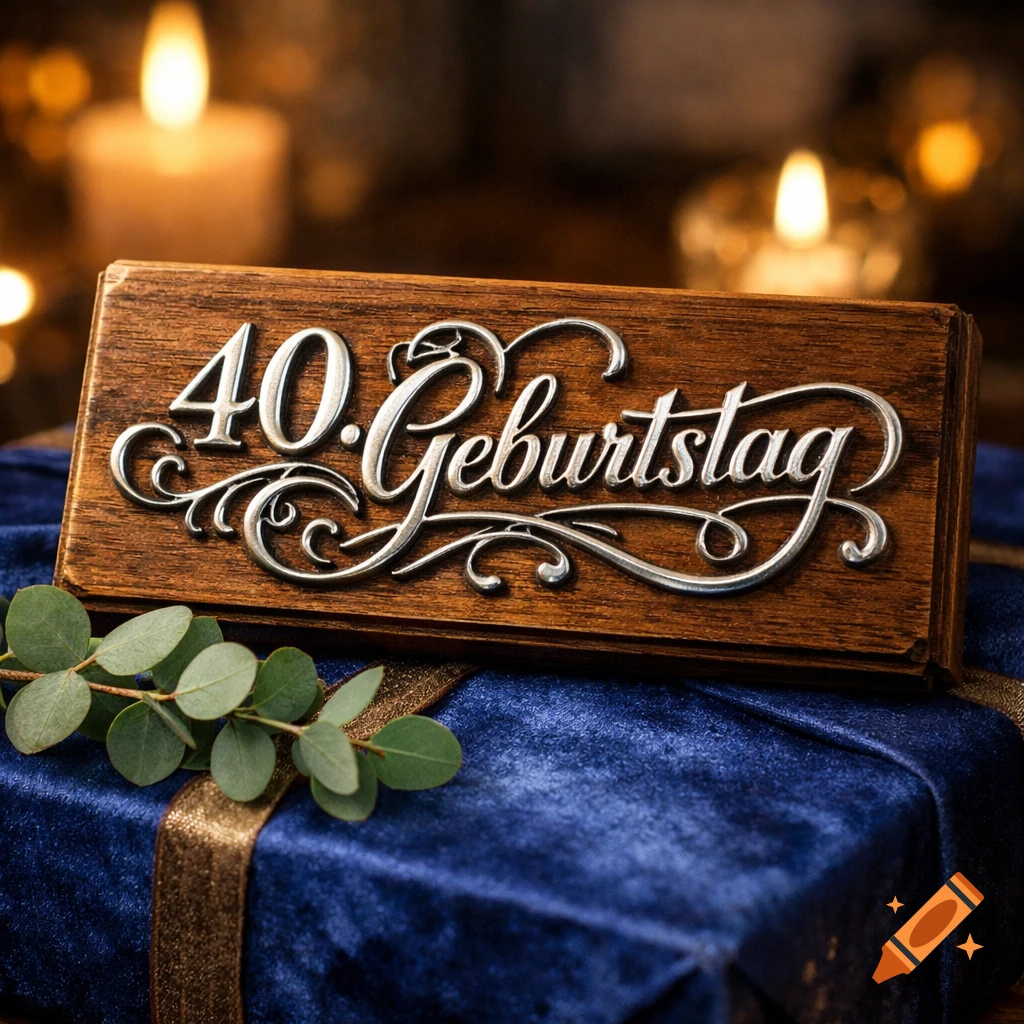 A wooden plaque with silver lettering "40. Geburtstag" on a blue velvet gift with a gold ribbon, blurred candles in background.