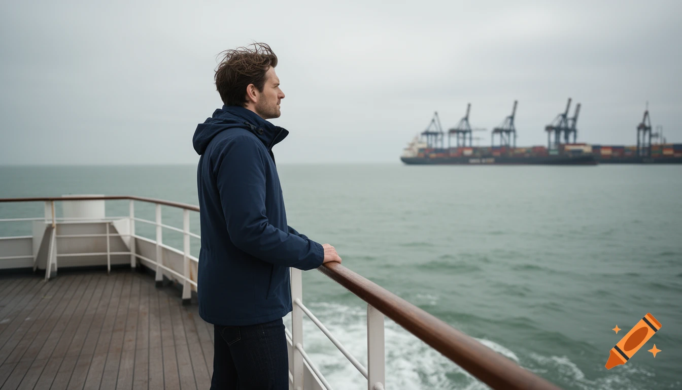 A man in a navy jacket looks out over the ocean from a ferry railing, with cargo ships in the distance under a grey sky.