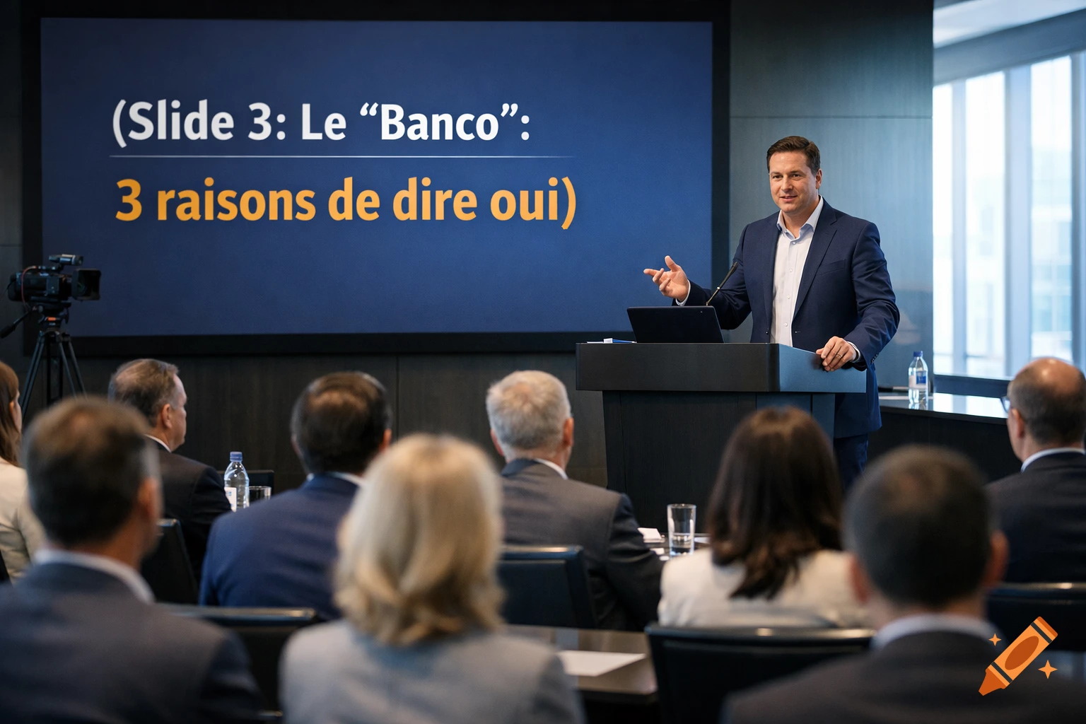 A man in a suit presents to an audience in a corporate meeting room, with a slide on the screen reading "3 raisons de dire oui".