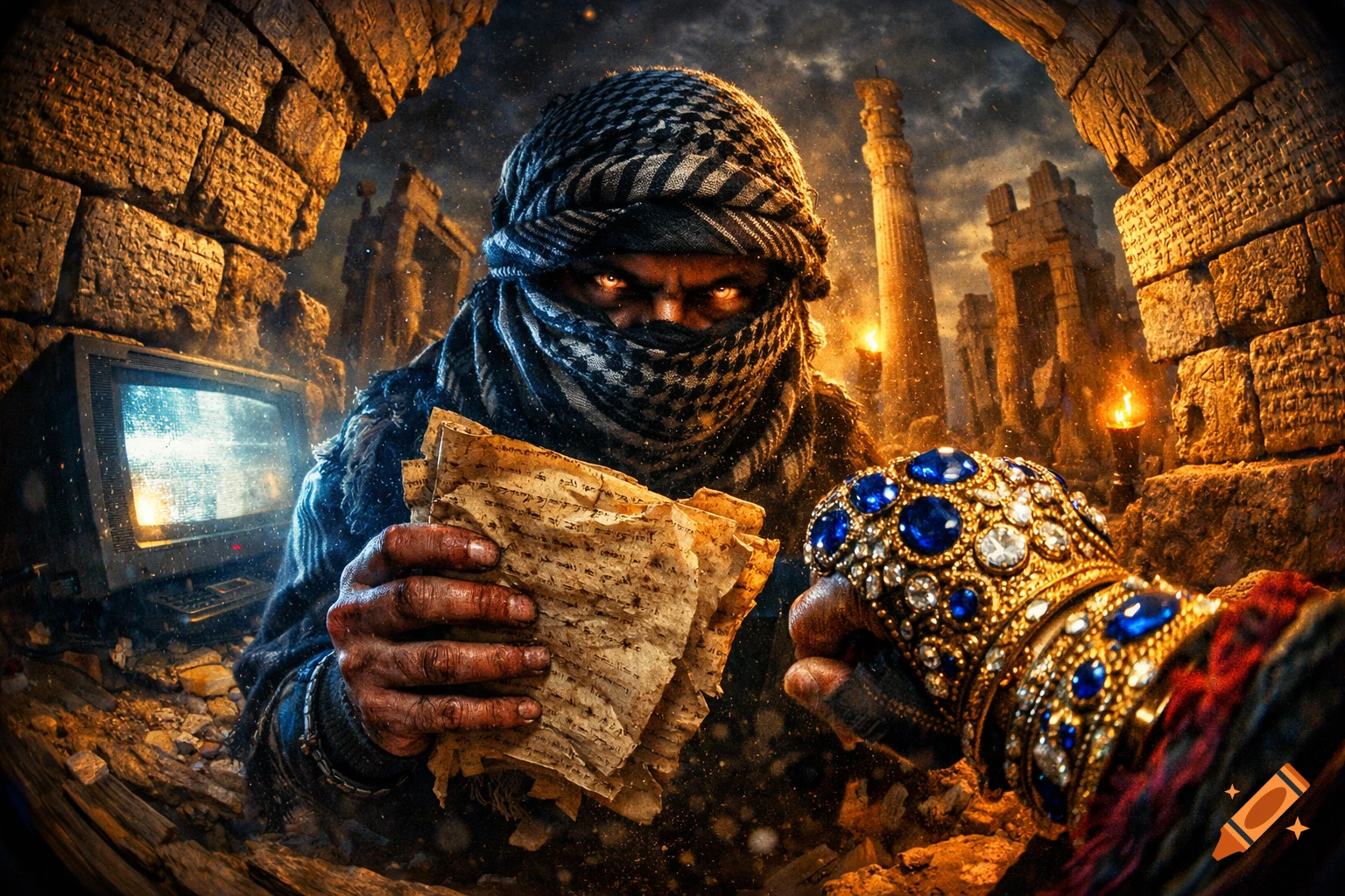 A figure in a keffiyeh with glowing eyes clutches old papers, confronting a jeweled hand in a dramatic, ruined setting with a fisheye lens effect.