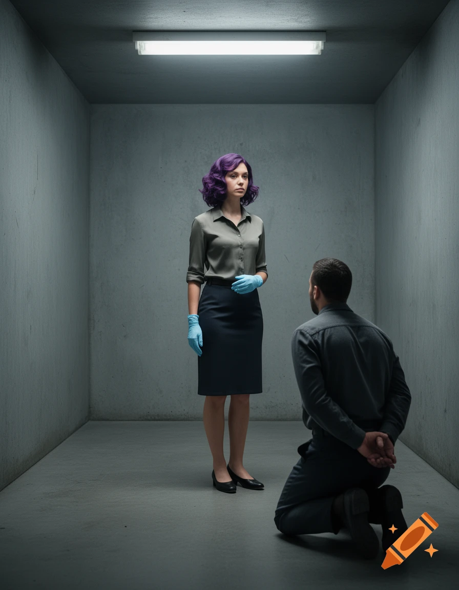 A woman with purple hair and blue gloves stands over a kneeling man in a stark concrete room, photorealistic.
