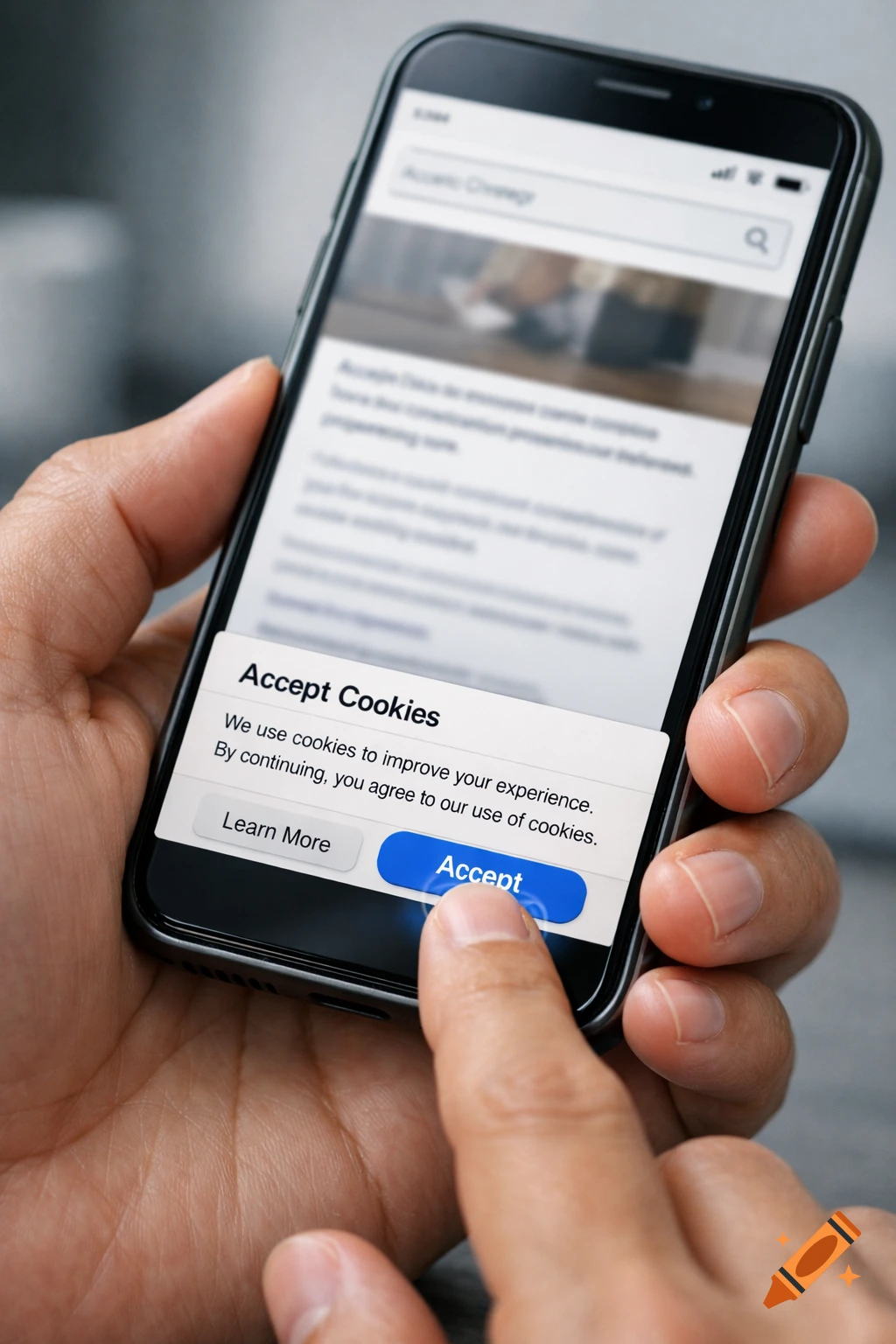 A close-up, photorealistic shot of a hand tapping 'Accept' on a cookie consent pop-up on a smartphone screen.