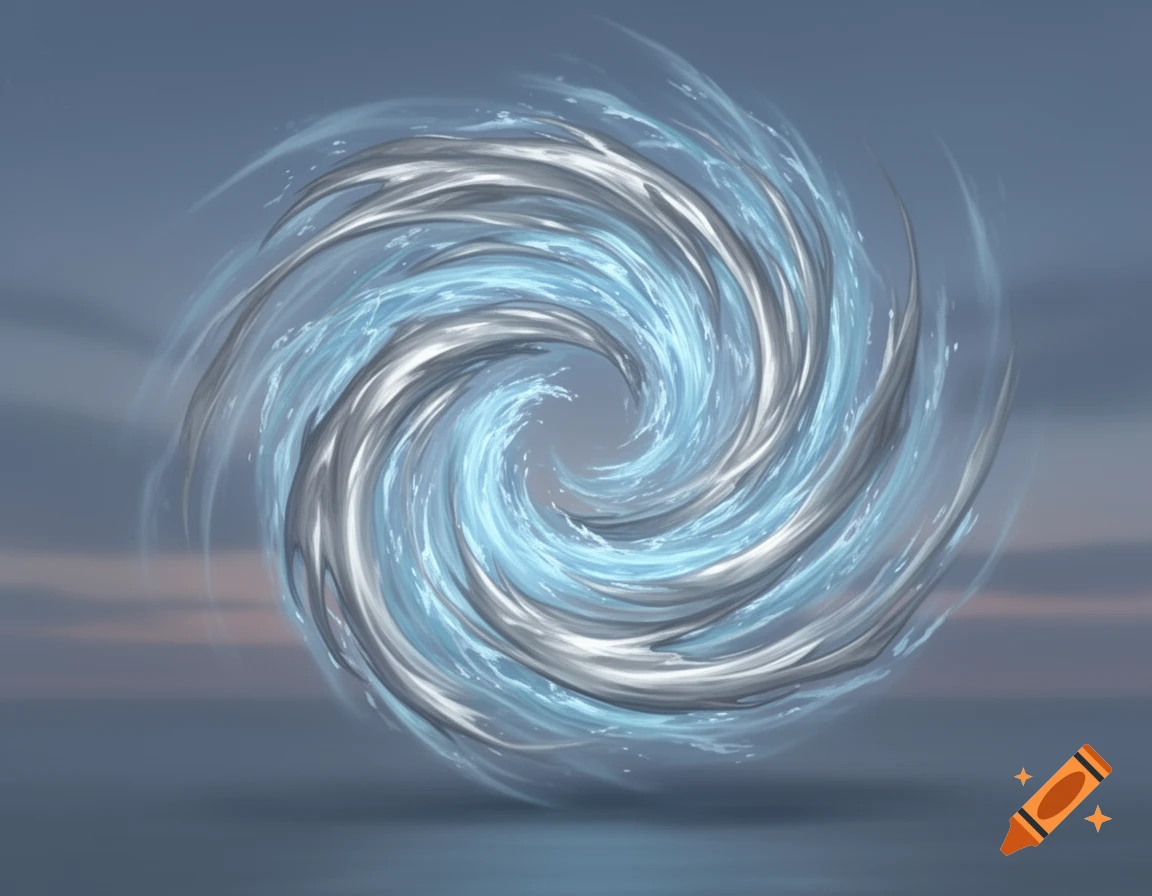 A swirling vortex of light blue and silver energy against a blurred blue and grey background.