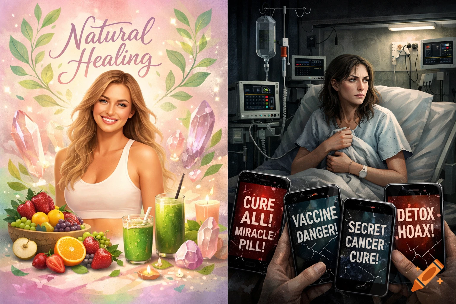 Split image: left shows a smiling wellness influencer with fruits and "Natural Healing"; right shows a worried hospital patient with phones displaying fake health claims.