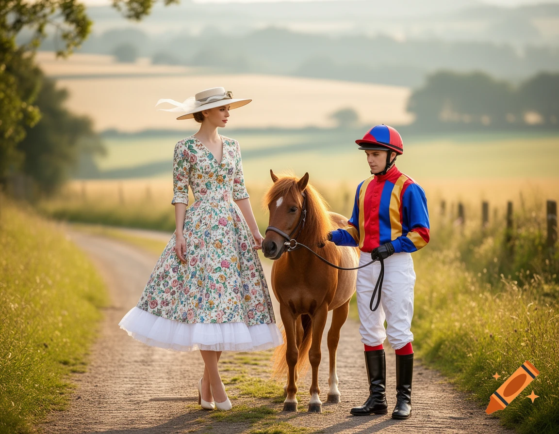 A woman in a vintage floral swing dress and a jockey in racing silks walk a small pony on a sunny rural path.
