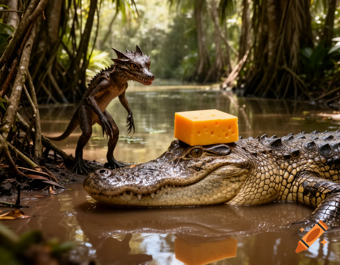 A fantasy reptilian creature stands by a swamp, looking at an alligator with a block of Swiss cheese on its head.